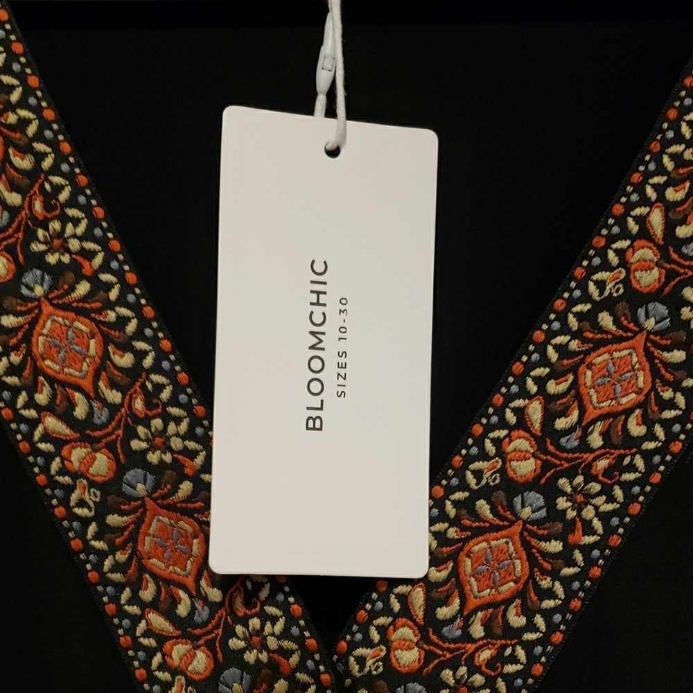 New BloomChic Elegant Black Top with Intricate Orange Ribbon Trim - Picture 2 of 9